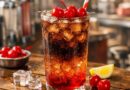 Roy Rogers drink in tall glass with cola and grenadine layers, ice, and maraschino cherry garnish on wooden table – easy classic non-alcoholic mocktail recipe
