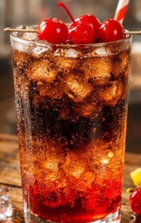 Roy Rogers drink in tall glass with cola and grenadine layers, ice, and maraschino cherry garnish on wooden table – easy classic non-alcoholic mocktail recipe