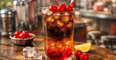 Roy Rogers drink in tall glass with cola and grenadine layers, ice, and maraschino cherry garnish on wooden table – easy classic non-alcoholic mocktail recipe