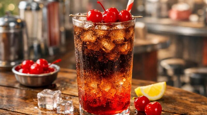 Roy Rogers drink in tall glass with cola and grenadine layers, ice, and maraschino cherry garnish on wooden table – easy classic non-alcoholic mocktail recipe