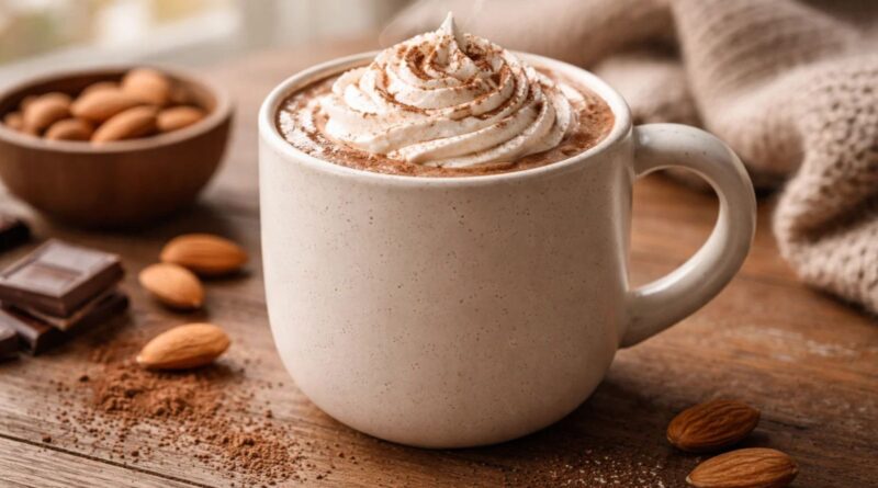 creamy almond milk hot chocolate in a ceramic mug with cocoa topping