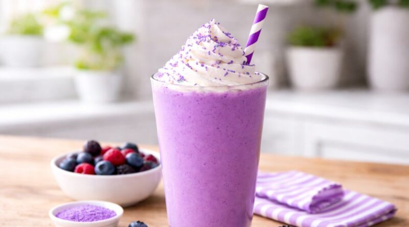 purple smoothie topped with whipped cream and fresh berries, featured in the Grimace Shake Recipe.