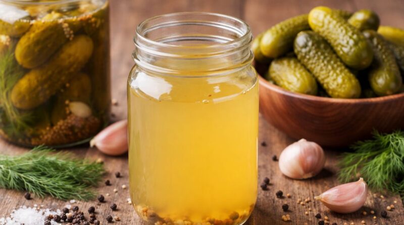 Jars of pickles and pickling ingredients arranged on a wooden table, illustrating a guide on making pickle juice for cramps.
