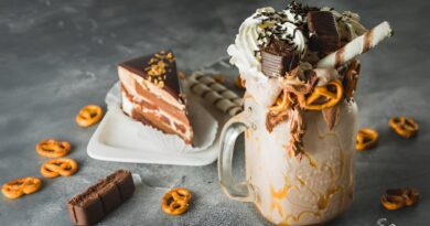 A rich chocolate milkshake adorned with pretzels and chocolate, named 'Death by Chocolate Shake.