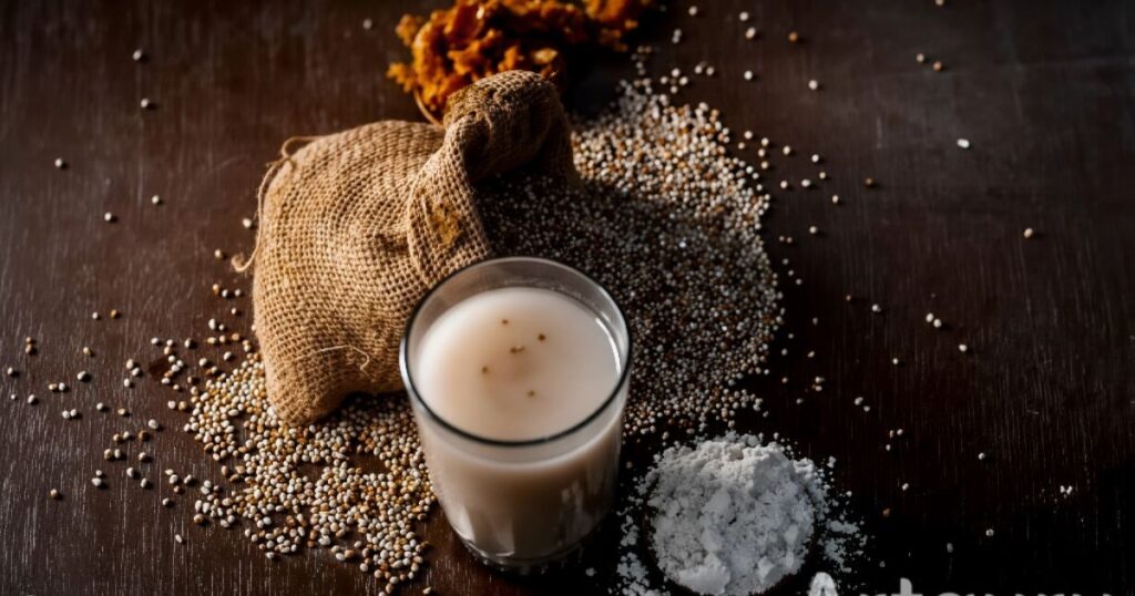  learn How to Make Sattu Drink with A bowl of milk, oats, and seeds, illustrating the ancient discovery of Sattu and its nutritional benefits.
