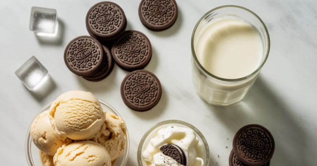 Oreo ice cream and milk in a glass, ingredients for a Chick-fil-A style Oreo milkshake.