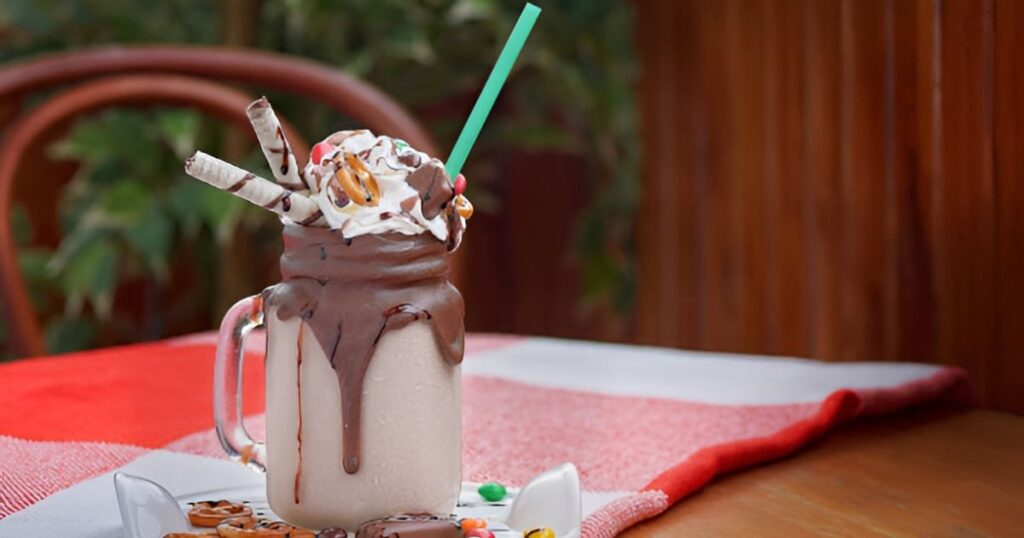 Chocolate milkshake topped with candy and a straw, featured in the Mini Dessert Buffet display.
